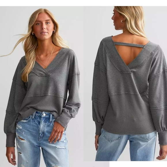 BKE Tops - BKE | Pieced Waffle Knit Top in Charcoal Grey